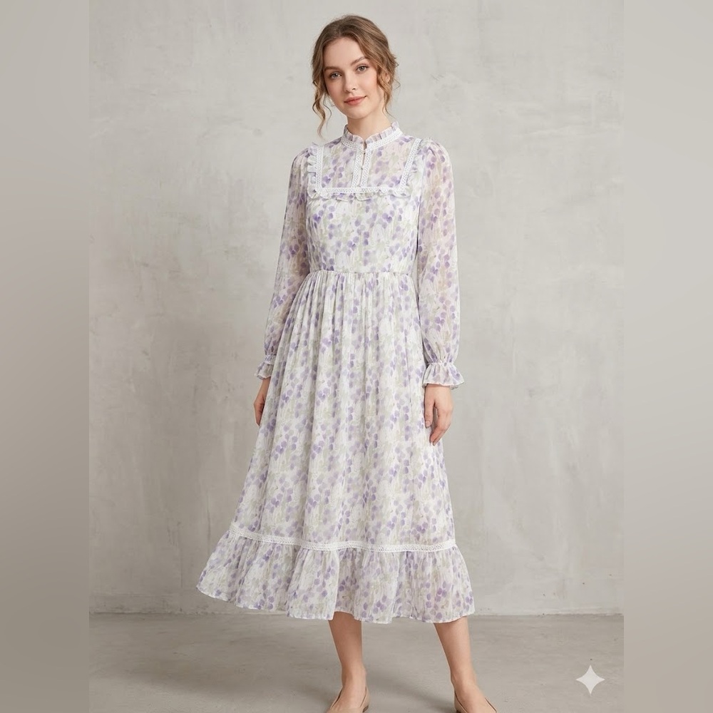 NWT Simple Retro Floral Print Midi Dress with Lace Detailing Size Medium